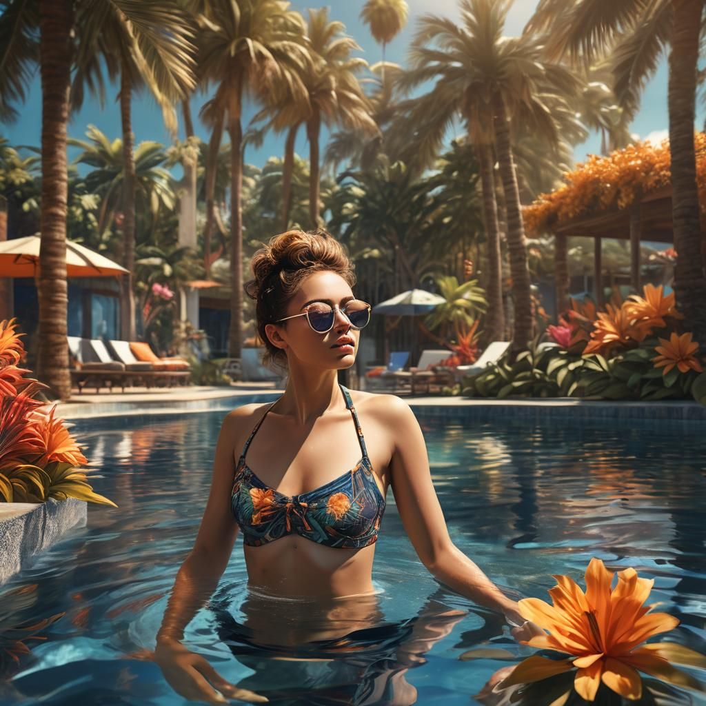 Dreamlike Poolside Fantasy in Hyper-Realistic Digital Art