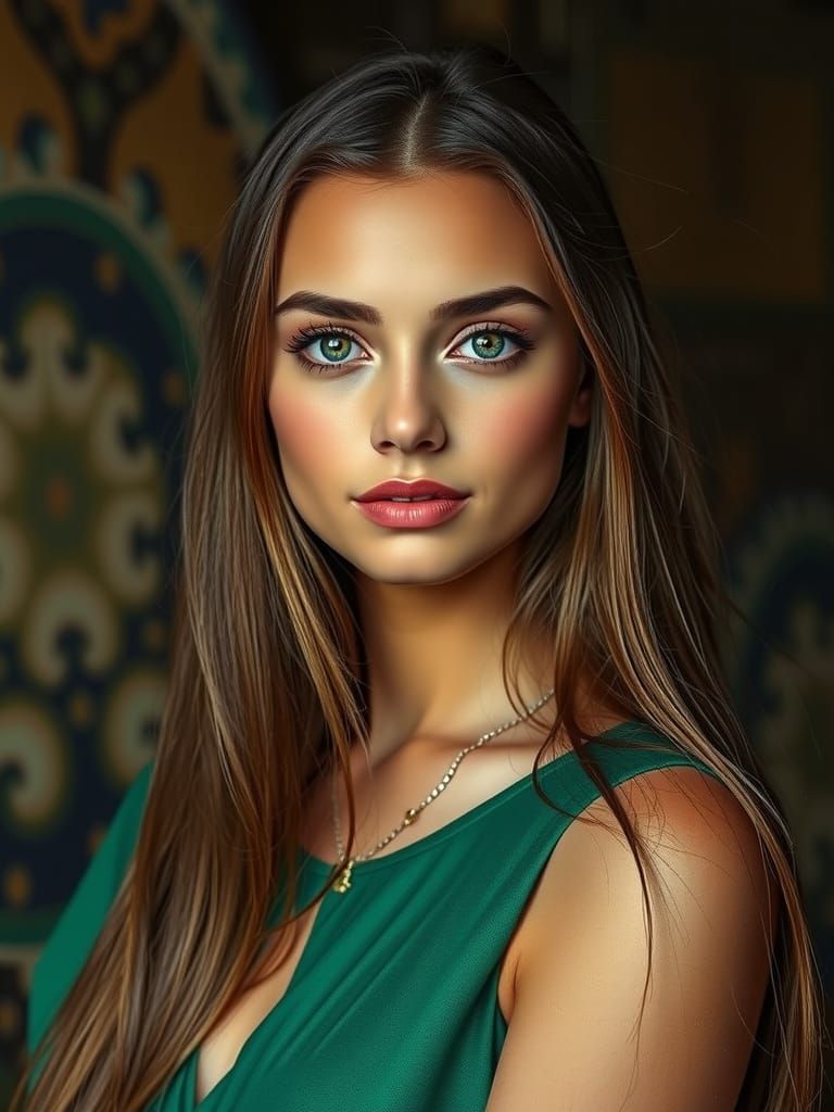 Realistic Portrait of a Unique Woman in Green Dress