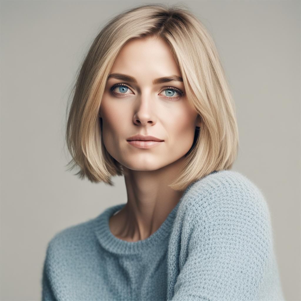Blonde Woman with Bob Haircut and Light Blue Sweater