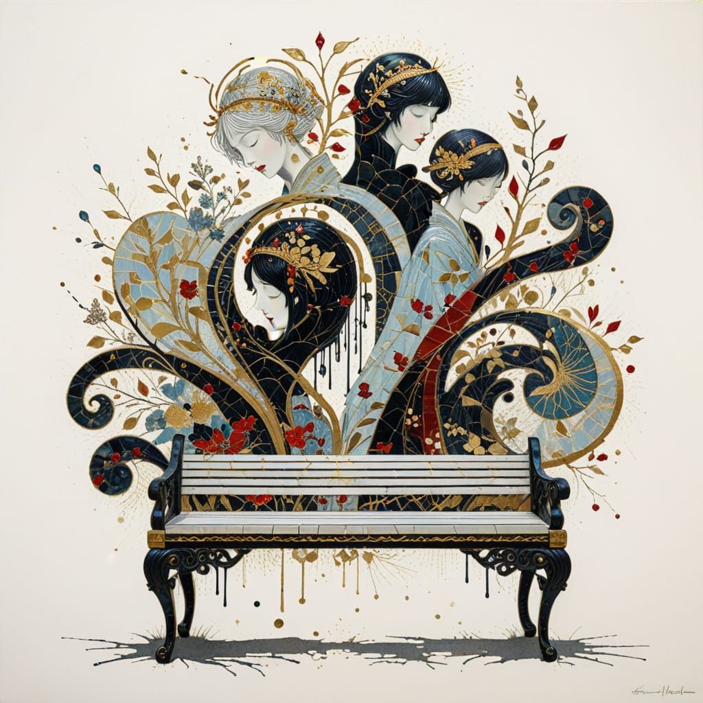 (bench:1.5), Kay Nielsen and Aubrey Beardsley, gold and red dominant, fragmented beauty of kintsugi mosaic with delicate...