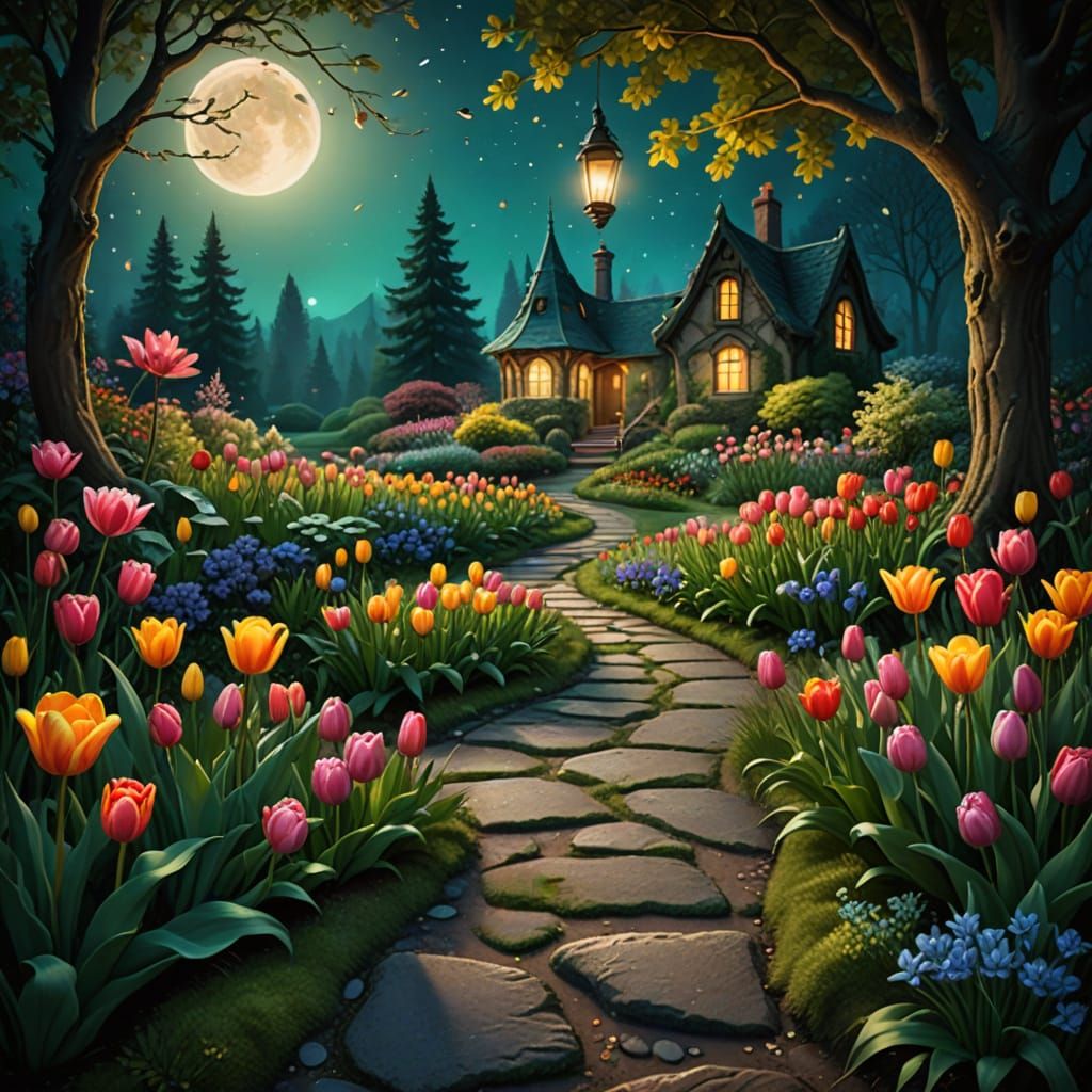 Whimsical Fantasy Garden Under Moonlit Glow