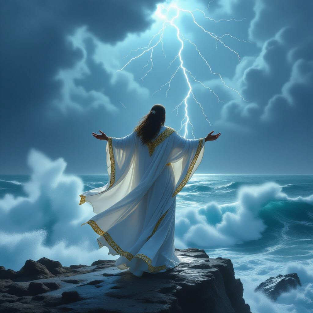Divine Figure Facing Ocean Storm in Epic Style