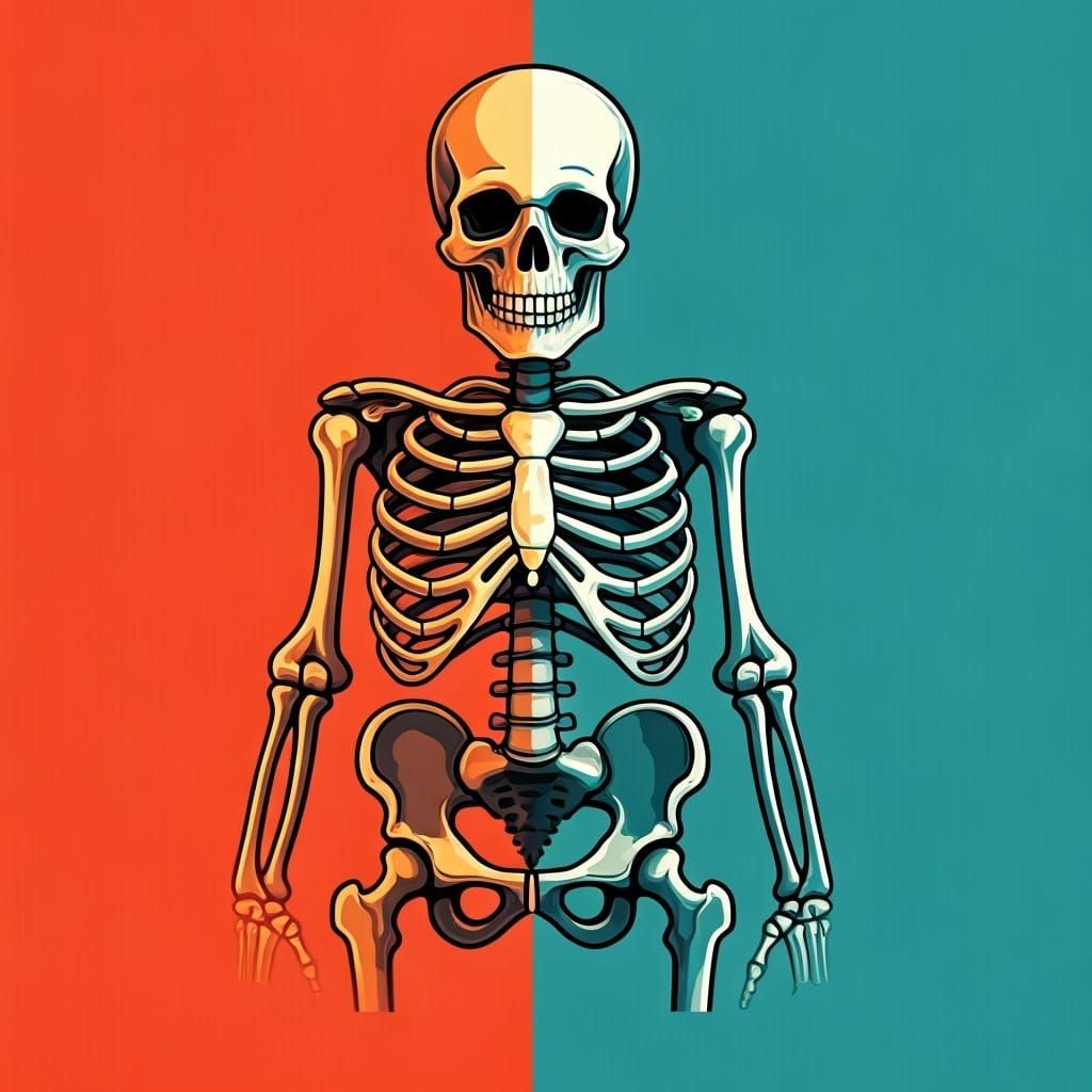 Vibrant 8-Bit Skeleton in Bauhaus Style