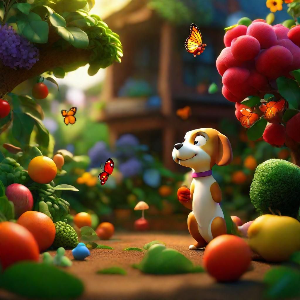 Beagle, Cat, and Squirrel in Whimsical Garden