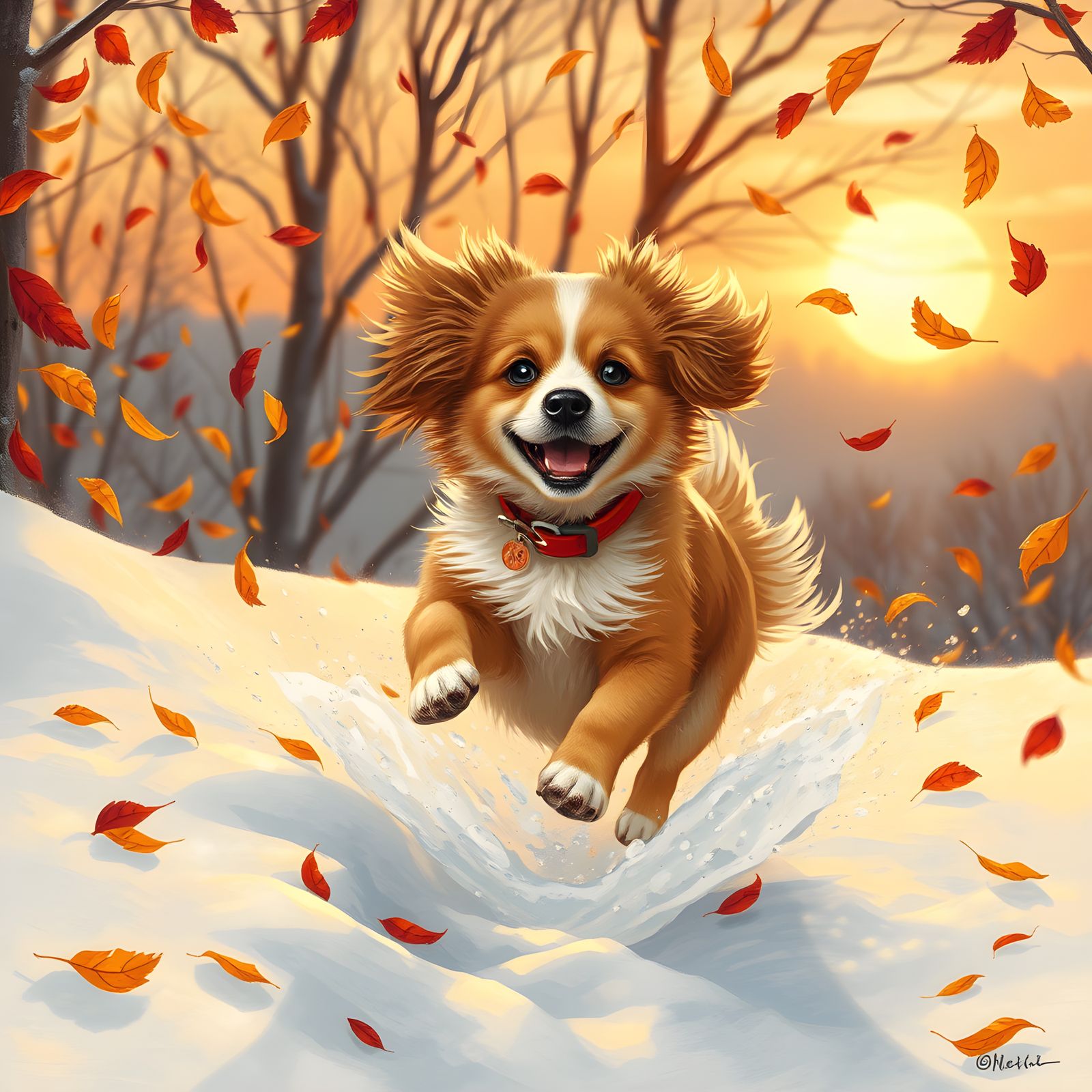 Dog's Joyful Play in Snowy Autumn Scene