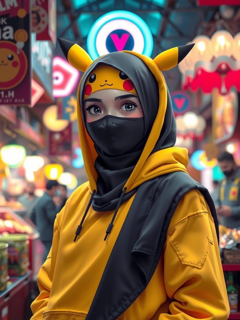 Confident Muslim Girl Embraces Futuristic Pikachu Kigurumi i...