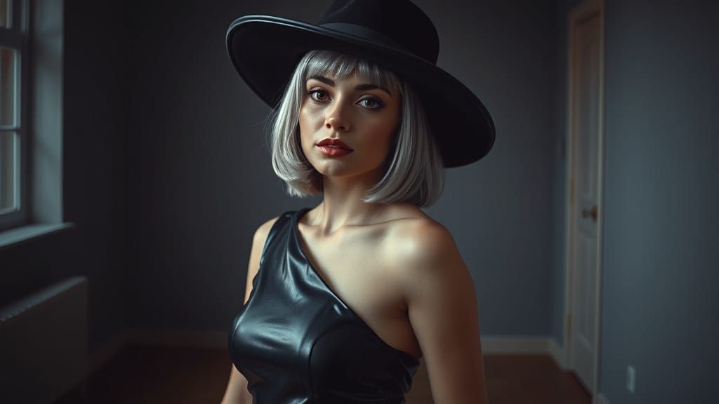 Elegant Woman in Latex Bodysuit, Hyperrealistic Style