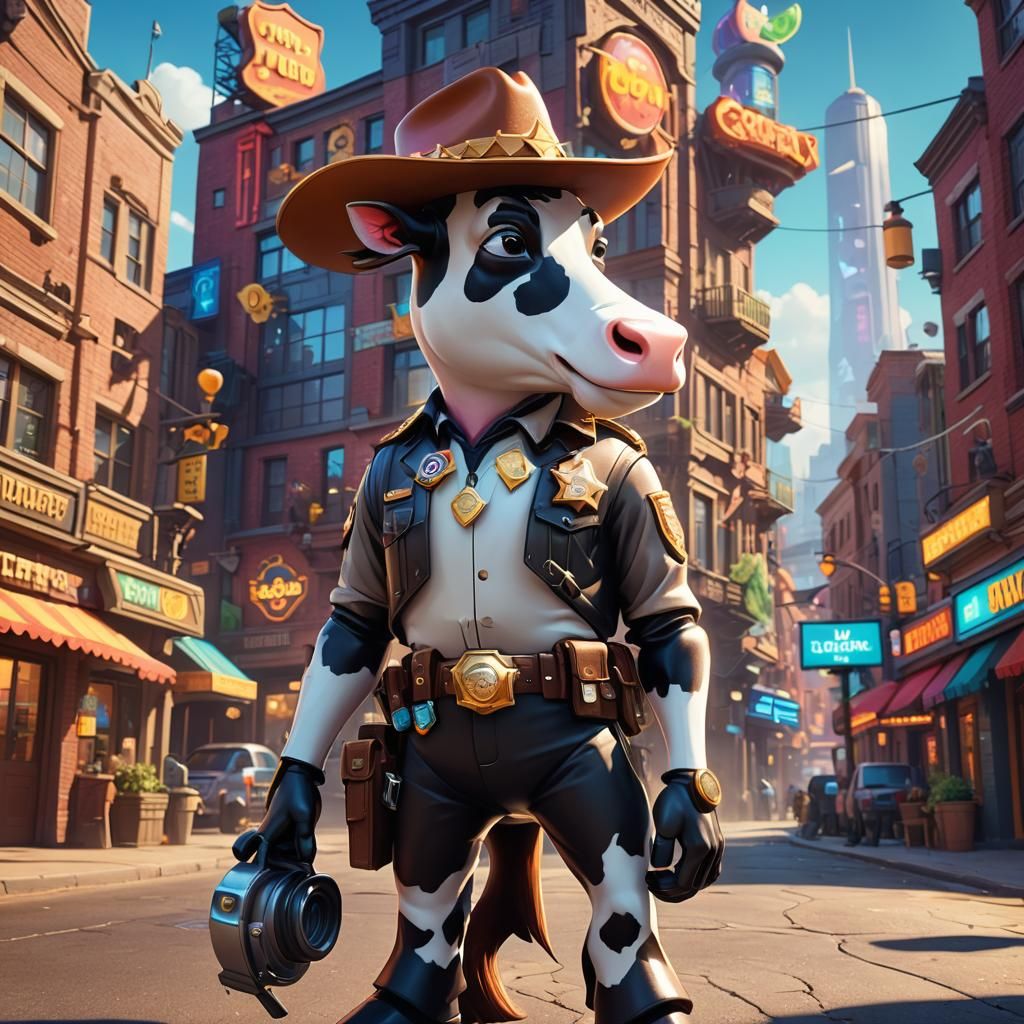 Cow Sheriff in Futuristic Town: Pixar-Inspired 3D Art