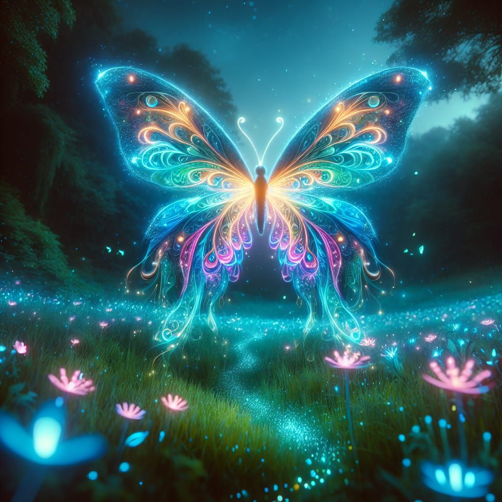 Luminescent Butterfly in Bioluminescent Meadow at Twilight