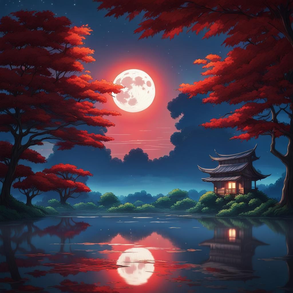 Raindrop Reflecting Moon in Studio Ghibli Style