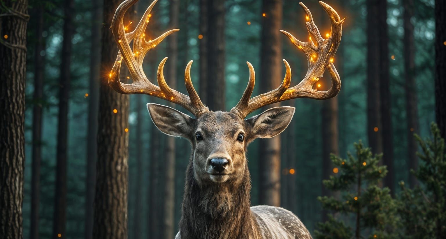 Fantasy Deer with Bioluminescent Antlers in Pine Forest