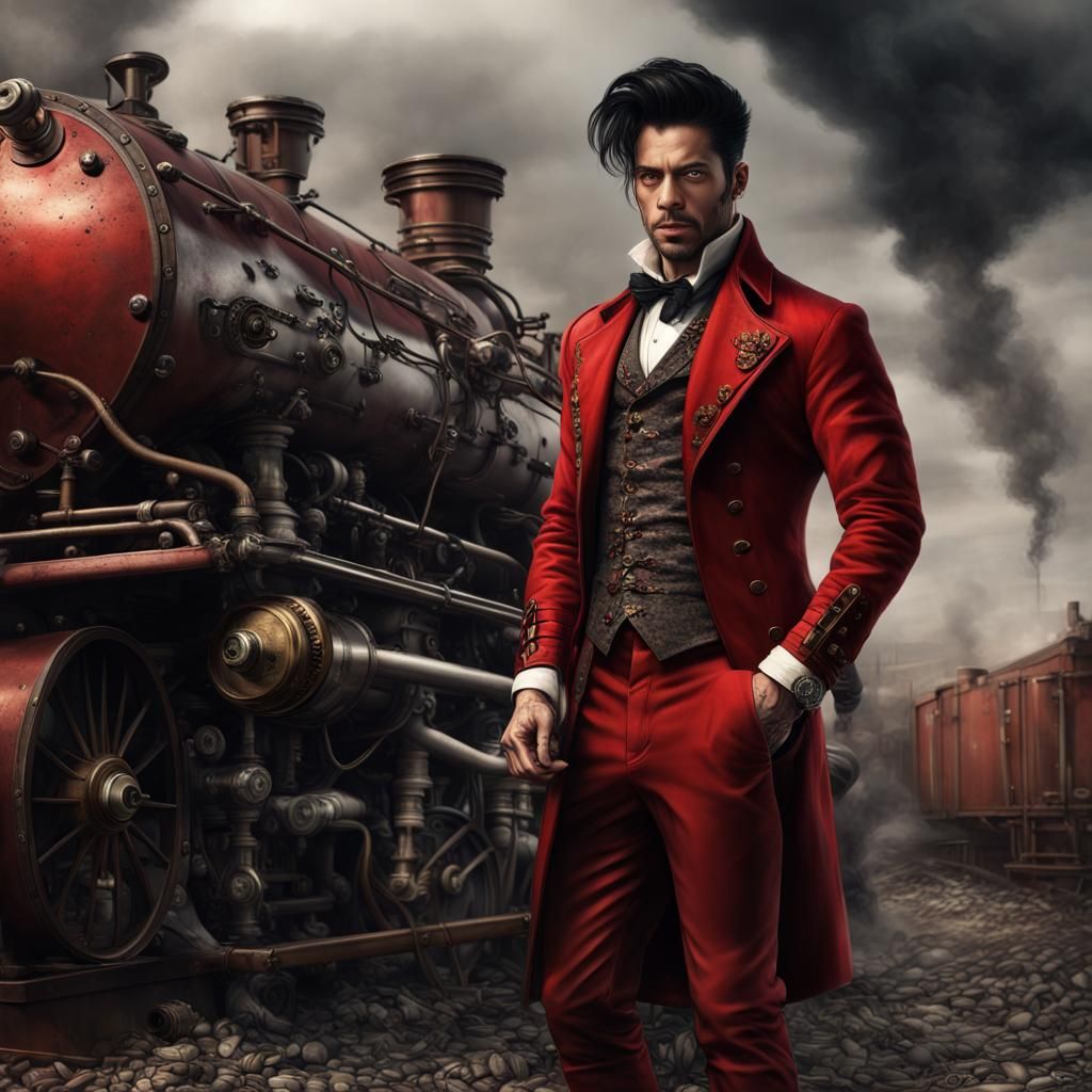 Steampunk Man in Red Waistcoat, Digital Matte Painting