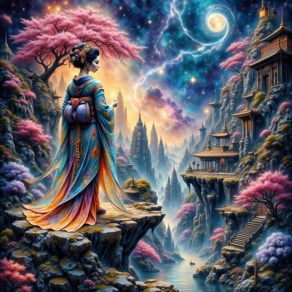 Ethereal Geisha in Cosmic Garden