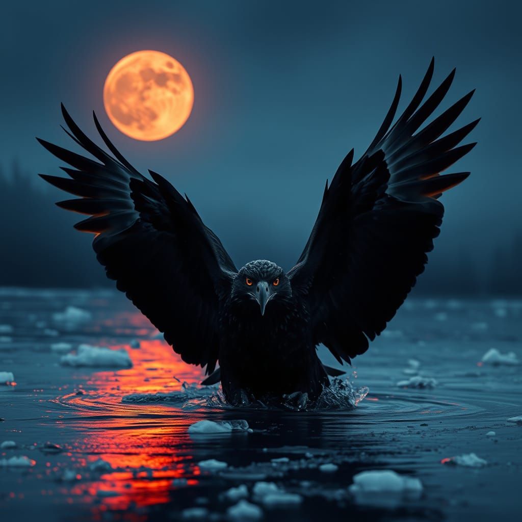 Eagle of Dark Skies Emerging from Frozen Lake in Blood Moon ...