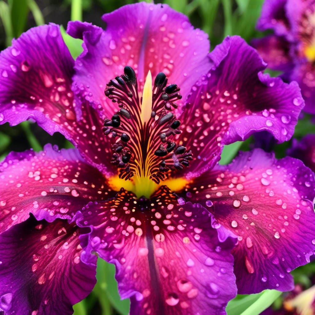 Vibrant Black Iris with Water Droplets in Dark Fantasy Style