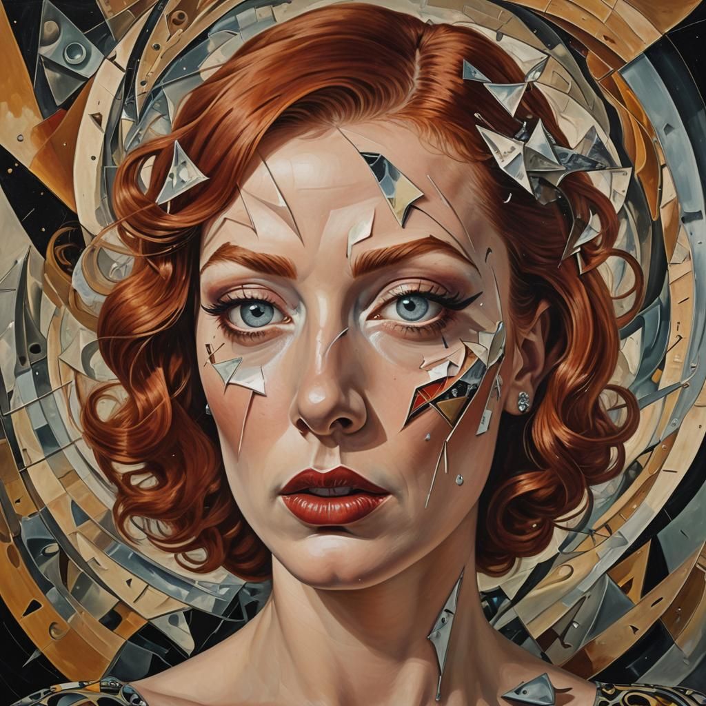 Ethereal Redhead Portrait in Cubist Surrealism Style