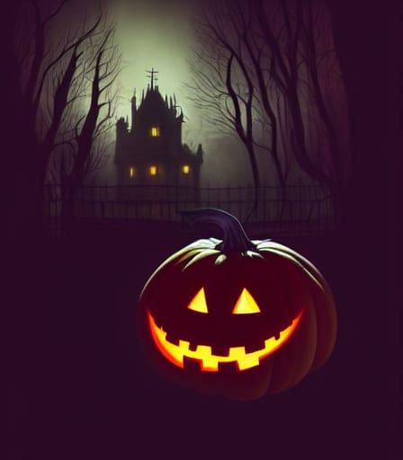 Haunted Victorian Palace with Halloween Pumpkin, Gothic Horr...