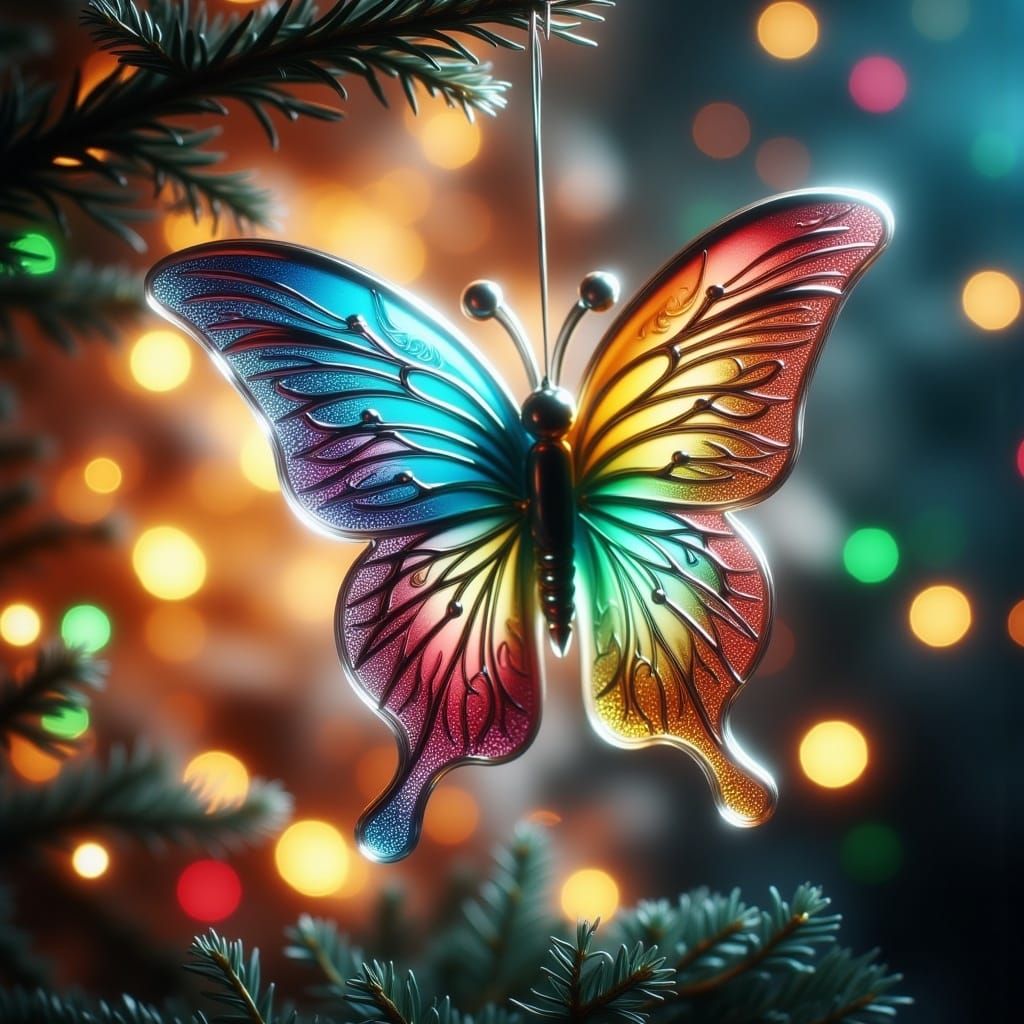 Whimsical Christmas Glass Butterfly in Hyperrealistic Style