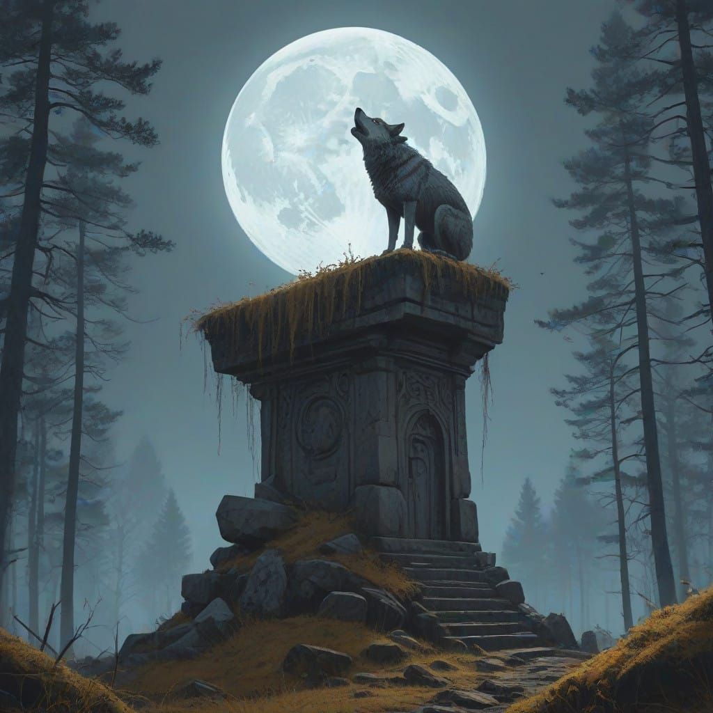 Majestic Wolf Under Full Moon at Ancient Monument
