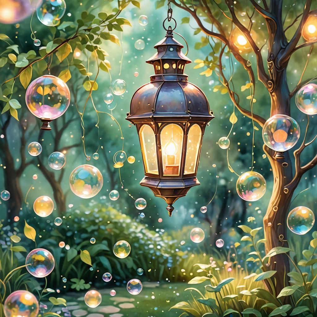 Lantern Filled with Bubbles in Watercolor Style