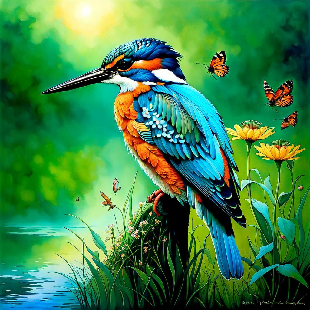 Kingfisher in Morning Light, Fantasy Illustration