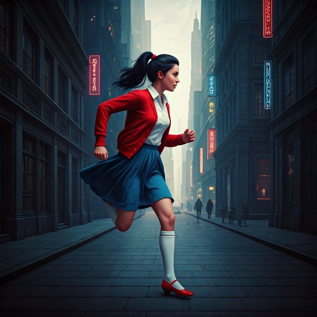 Girl Loses Shoe in Futuristic Metropolis, Digital Art