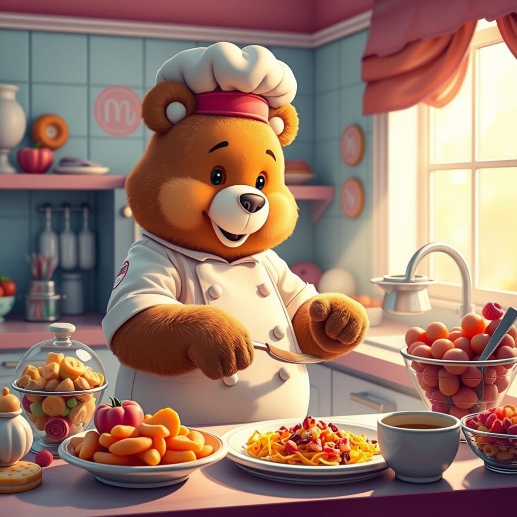 Care Bear Chef in Candy Kitchen: Digital Illustration