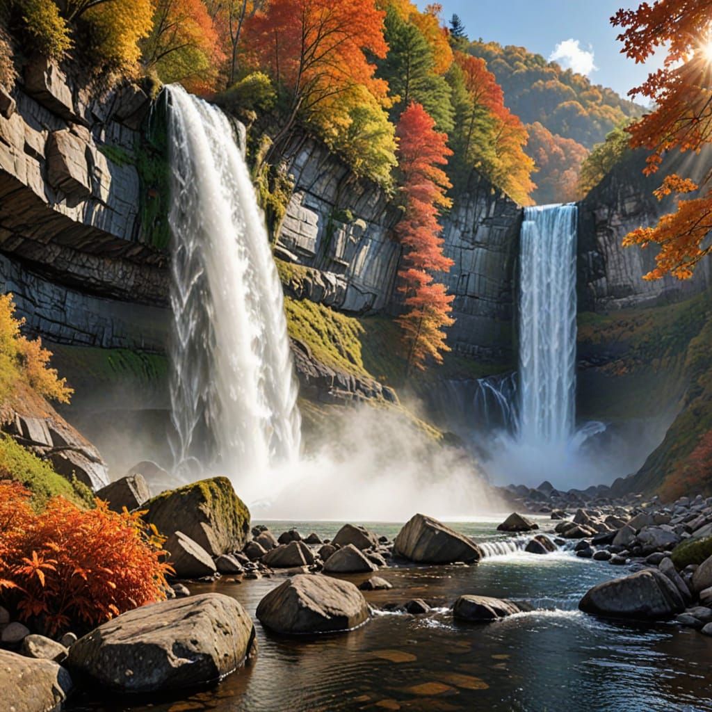 Majestic Autumn Waterfall with Emerald Waters in Golden Sunl...
