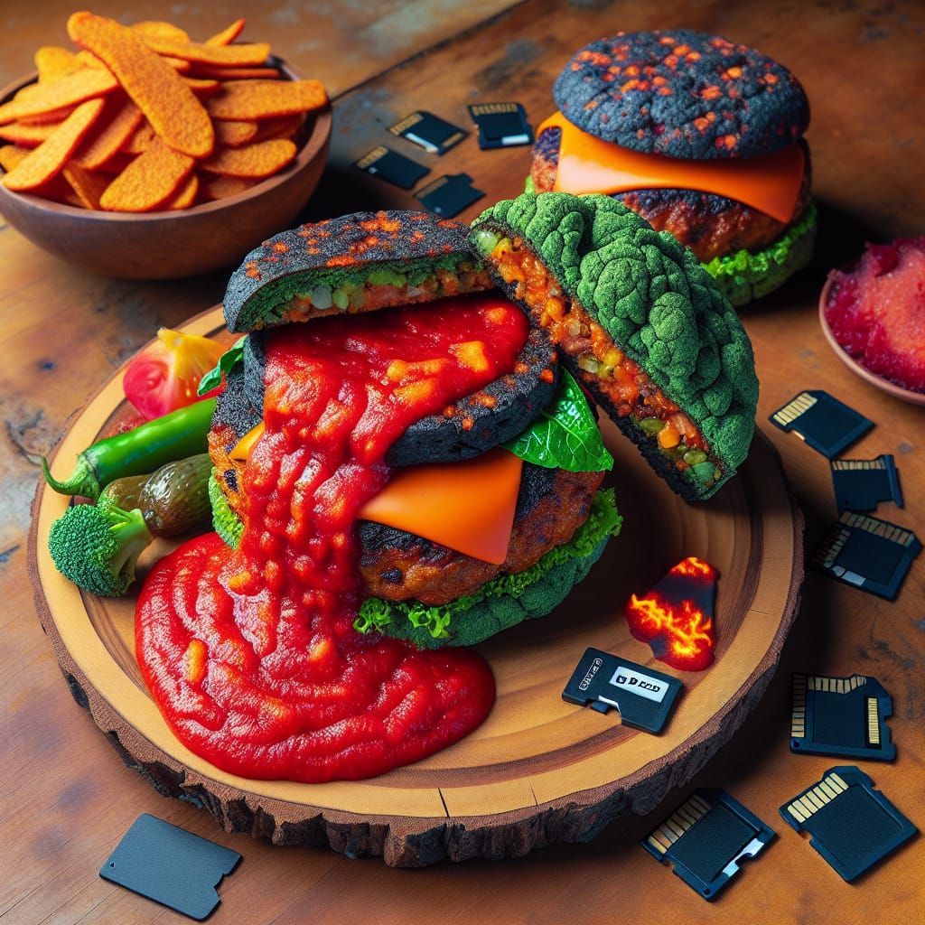 Vegan Rockburgers with Lava Sauce and SD Cards