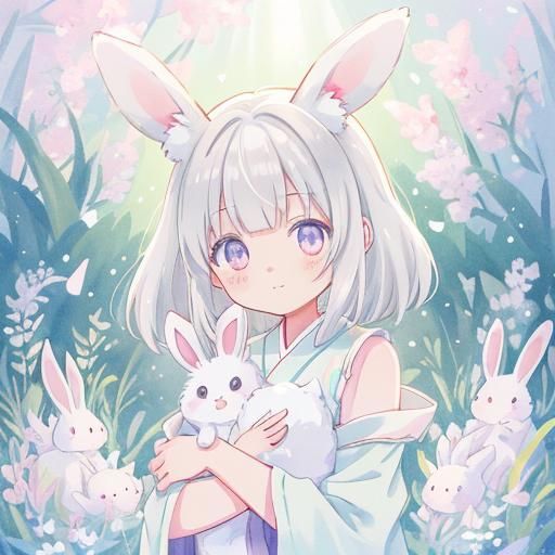 Anime Girl with Rabbit: Vibrant Digital Portrait