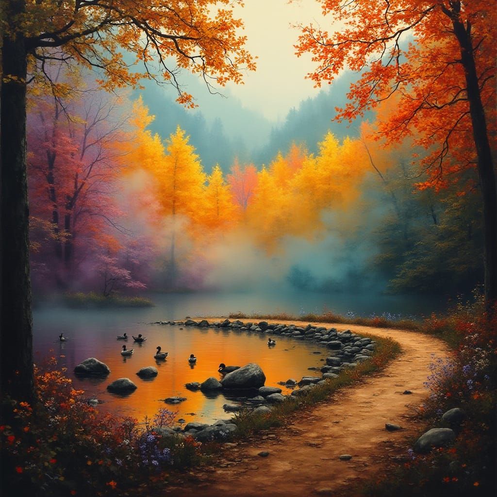 Autumn Mallard Ducks in Vibrant Woodland Scene