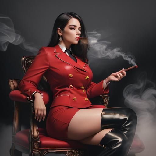 Female CEO Smoking Cigar in Red Suit