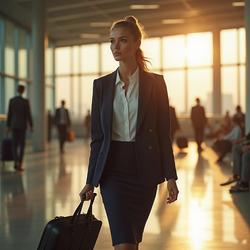 Woman Walking Through Airport Terminal in Late Afternoon Sun