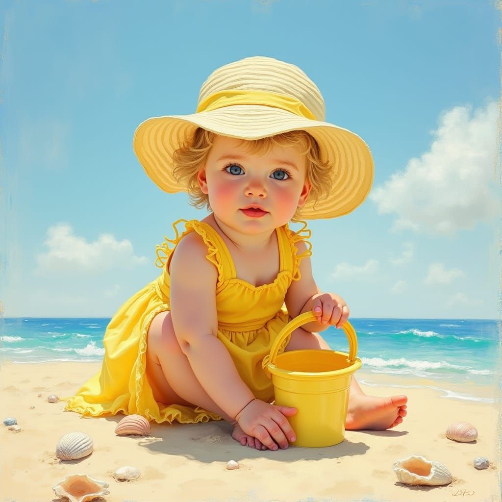 Impressionist Beach Scene of Blond Child at Play
