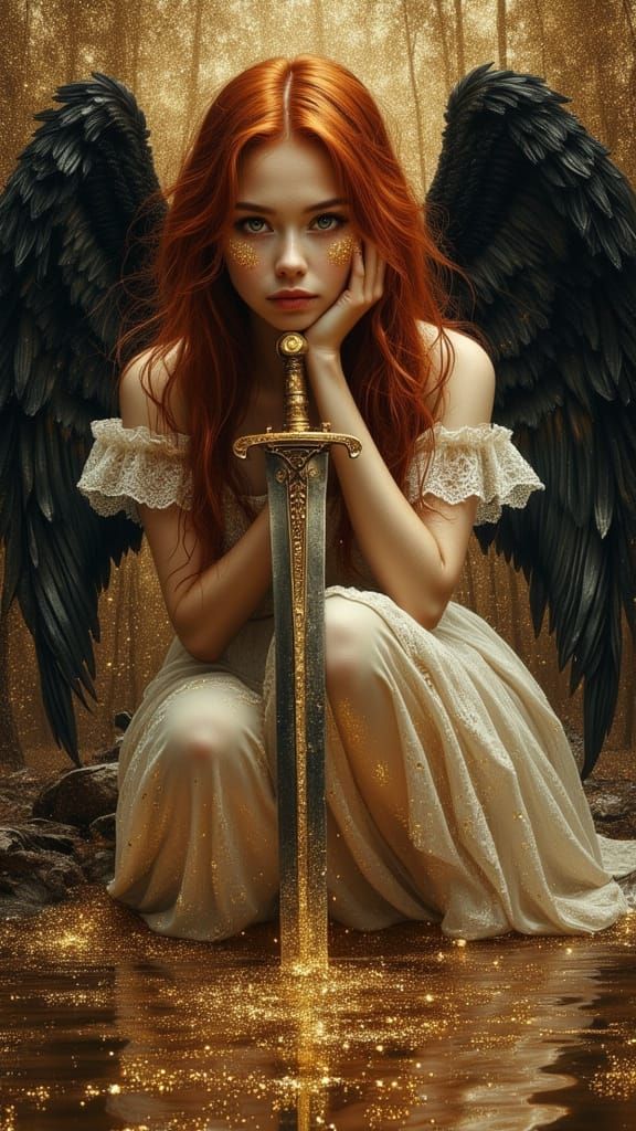Woman with Angel Wings and Sword as Oil Painting