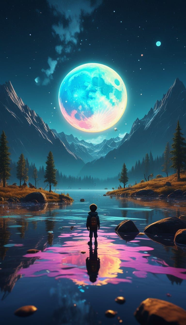 Lost Child Fishes for Ethereal Moon in Dreamy Landscape