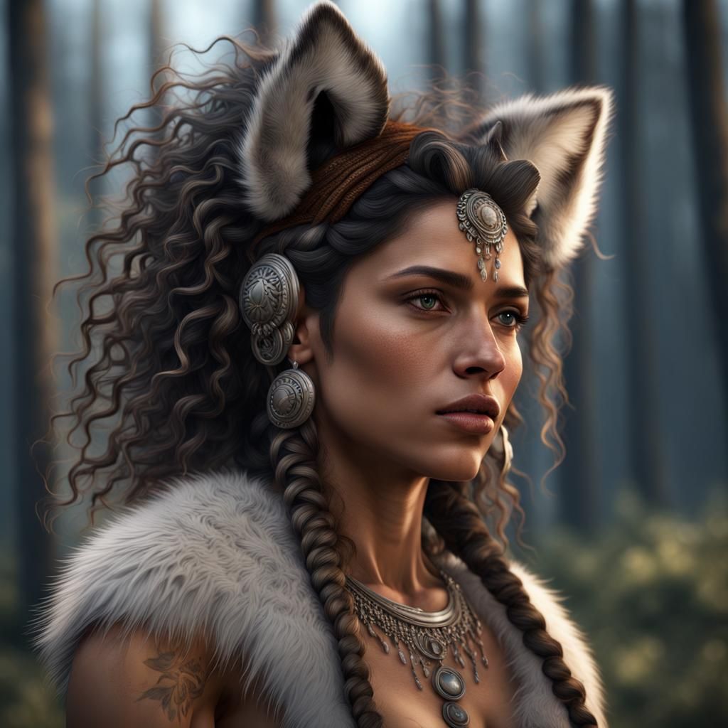 Hyperrealistic Amerindian Woman with Wolf Features