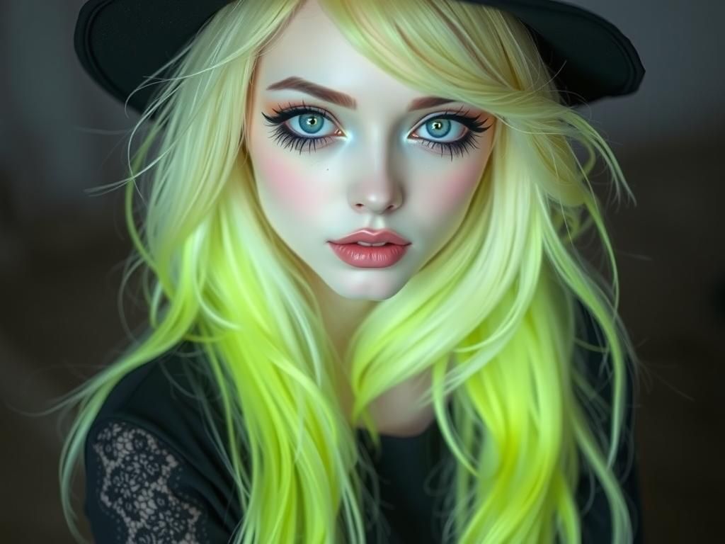 Fantasy Woman with Neon Hair and Lace Dress