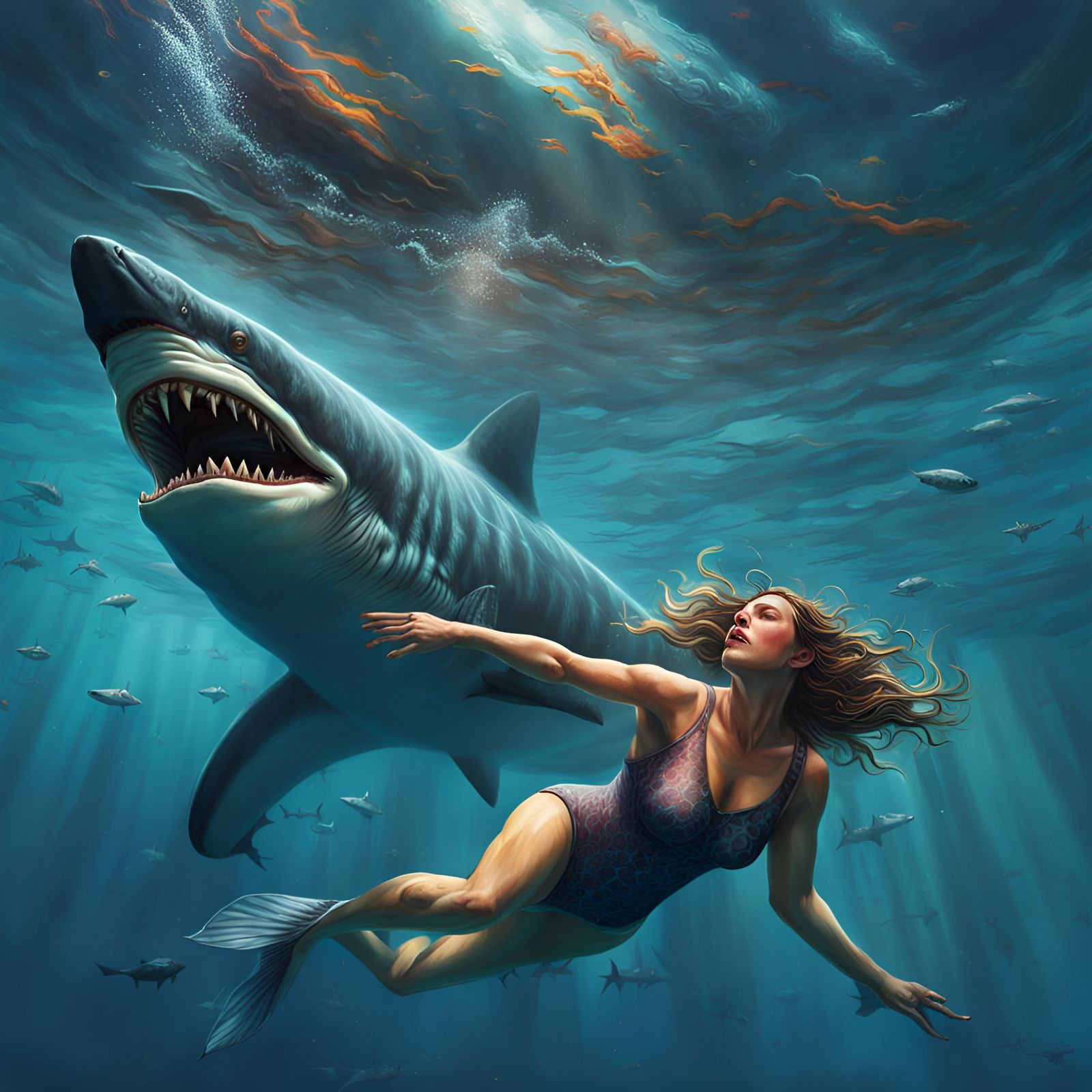 Woman swimming underwater just as a megalodon is about to ea...