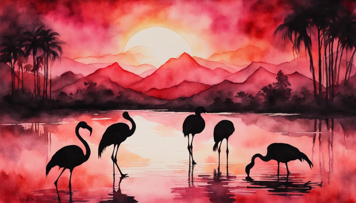 Flamingos in Vibrant Sunset Silhouette