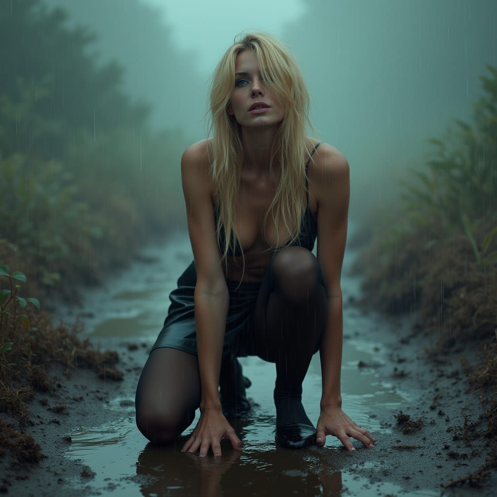 Elegant Woman Surrenders to the Rainy Landscape in Industria...