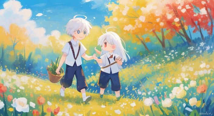 Cute Boy with Flowers in Impressionist Painting