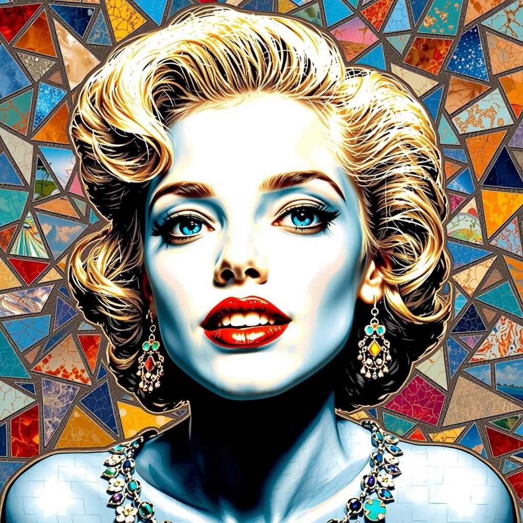 Iridescent Mosaic Woman Against Starry Night