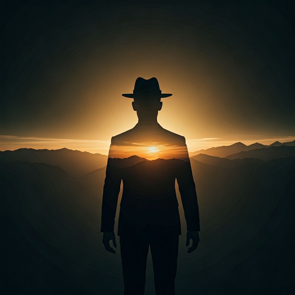 Man in Black Suit Double Exposure Sunset Panorama