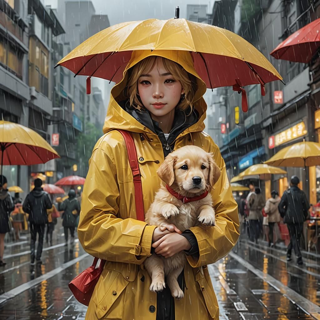 Woman and Puppy in Yellow Raincoats, Anime Style