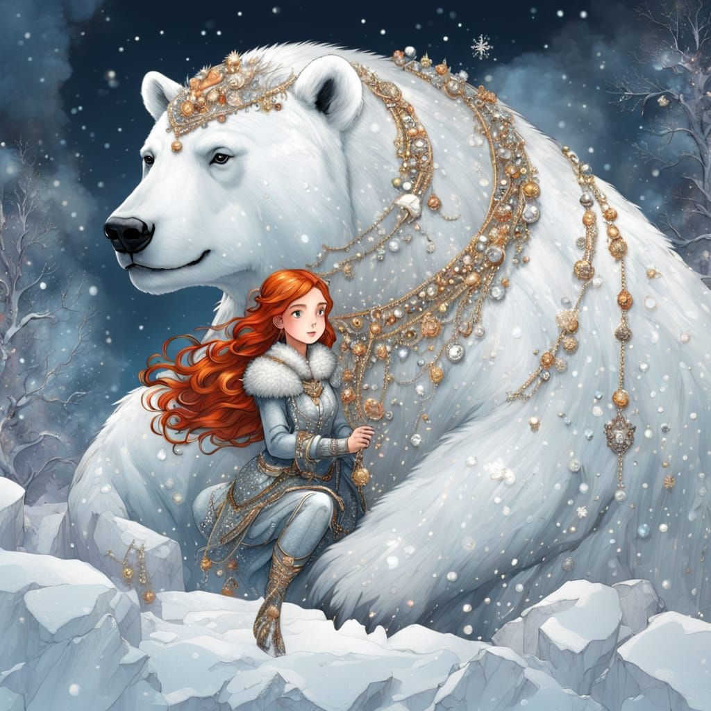 Girl in Fur Rides Jewel-Necklaced Polar Bear Through Snow