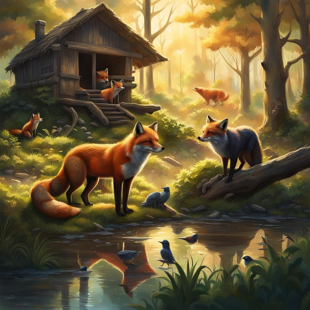 Foxes and Cubs in Sunlit Forest: Splash Art