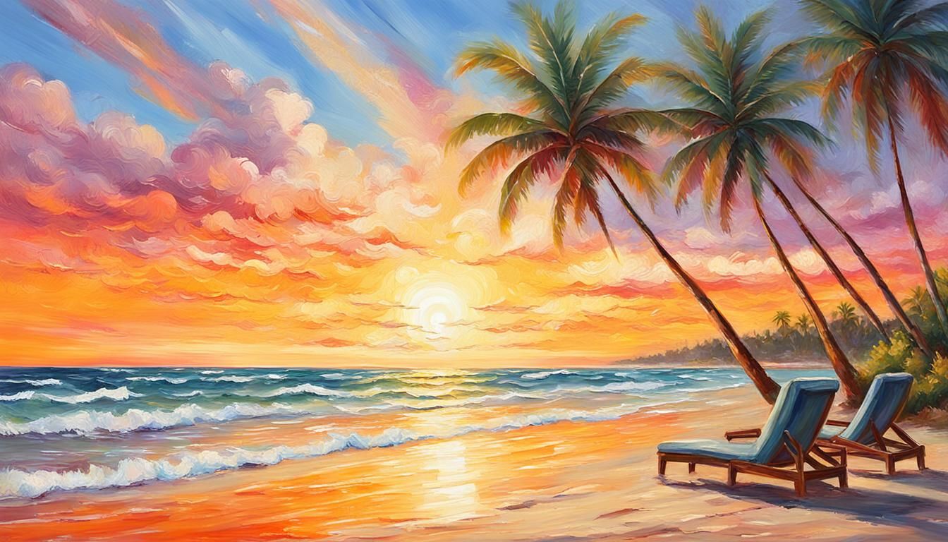 Idyllic Beach Sunset in Impressionist Style