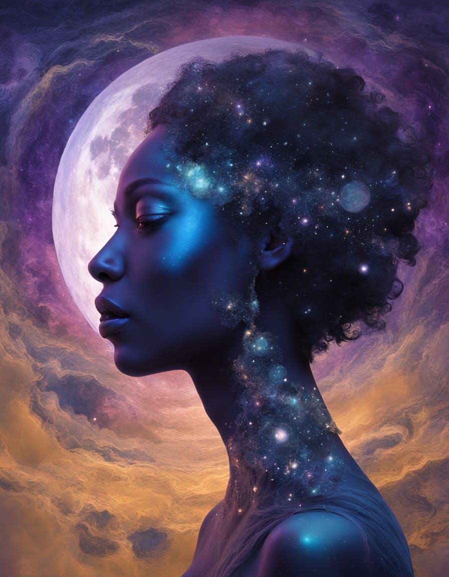Surreal Portrait of Ethereal Woman Under Cosmic Moon