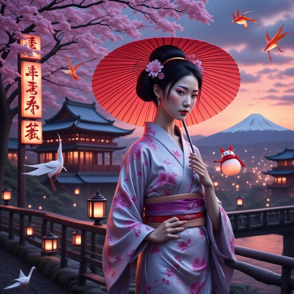 Cyborg Geisha Amidst Tokyo Twilight and Cherry Blossoms